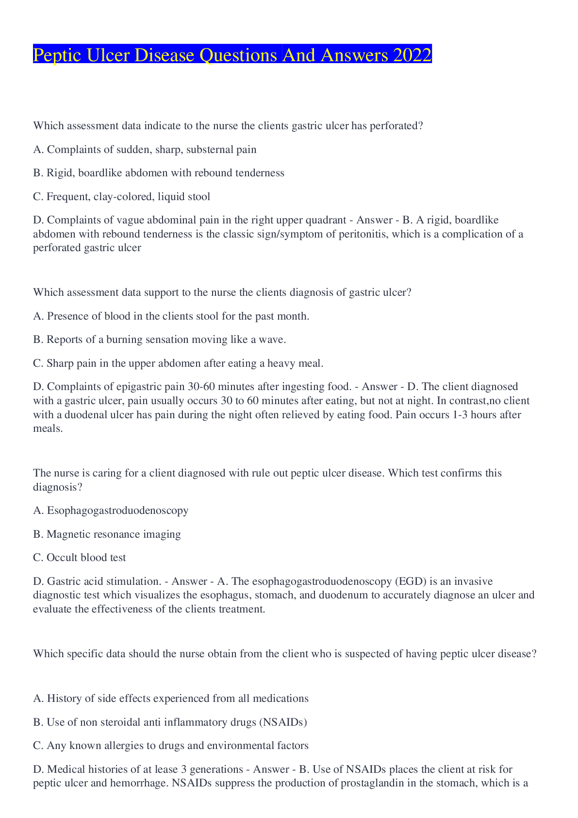 Preview of Peptic Ulcer Disease Questions And Answers 2022